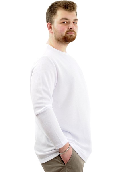 Büyük Beden Erkek Sweatshirt Bisiklet Yaka Uzun Kol Waffle 23460 Beyaz modelleri