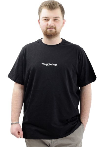 Büyük Beden Baskılı Erkek T-Shirt Bisiklet Yaka Van Gogh U24040 Siyah
