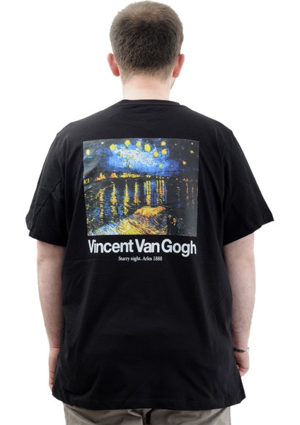 Büyük Beden Baskılı Erkek T-Shirt Bisiklet Yaka Van Gogh U24040 Siyah fırsatları