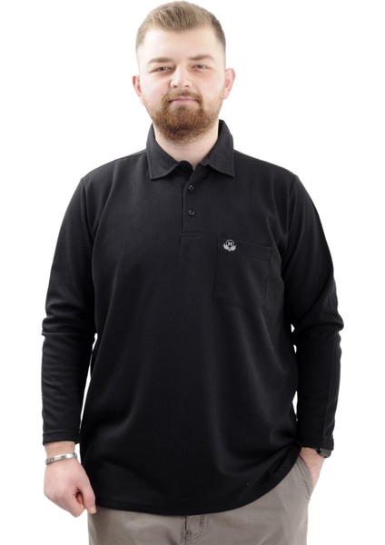 Büyük Beden Erkek Sweatshirt Polo Yaka Uzun Kol Waffle 23449 Siyah