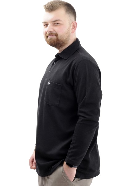 Büyük Beden Erkek Sweatshirt Polo Yaka Uzun Kol Waffle 23449 Siyah fiyatları