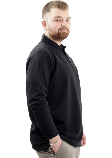 Büyük Beden Erkek Sweatshirt Polo Yaka Uzun Kol Waffle 23449 Siyah modelleri