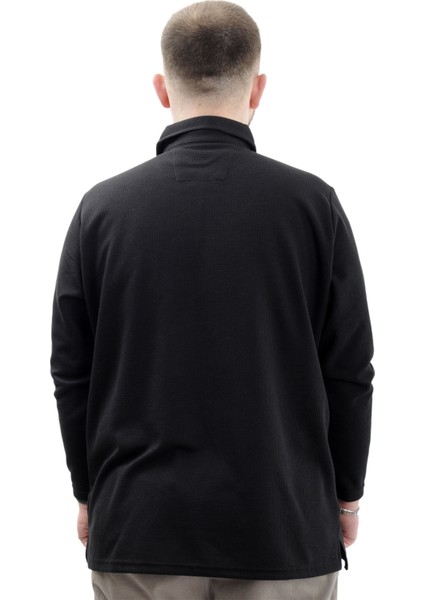Büyük Beden Erkek Sweatshirt Polo Yaka Uzun Kol Waffle 23449 Siyah fırsatları