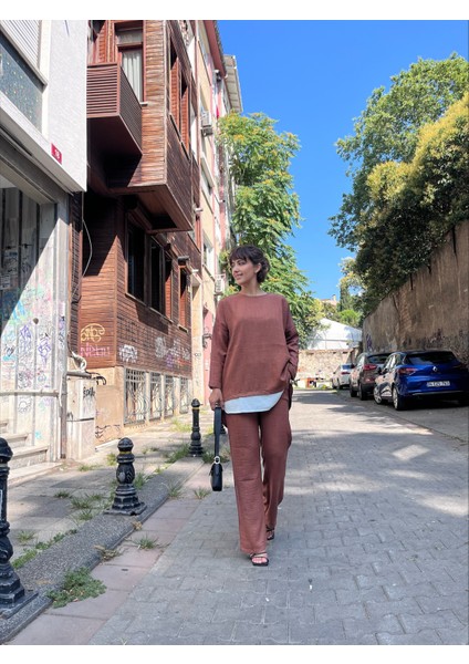 Bisiklet Yaka Renk Garnili Tunik ve Pantolon İkili Takım 38 - Kahve