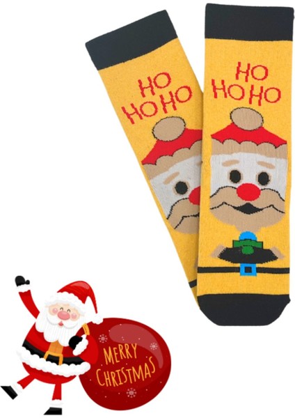 Özel Koleksiyon Unisex Yılbaşı Noel Merry Christmas Happy Yellow Hoho Soket Çorap