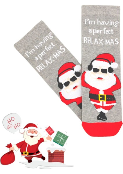 Özel Koleksiyon Unisex Yılbaşı Noel Merry Christmas Happy Relax Mas Grey Soket Çorap