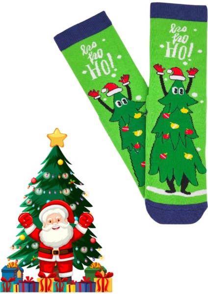 Özel Koleksiyon Unisex Yılbaşı Noel Merry Christmas Happy Green Tree Soket Çorap