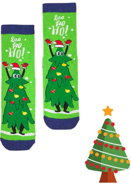 Özel Koleksiyon Unisex Yılbaşı Noel Merry Christmas Happy Green Tree Soket Çorap