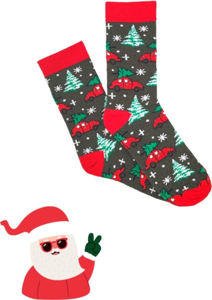 Özel Koleksiyon Unisex Yılbaşı Noel Merry Christmas Happy Red Car Tree Soket Çorap