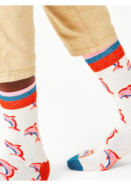 Happy Socks Ithal Özel Seri Unisex White Dolphin Sock Happy Socks Renkli Soket Çorap Dikişsiz