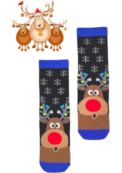 Özel Koleksiyon Unisex Yılbaşı Noel Merry Christmas Snowy Deer Geyik Soket Çorap