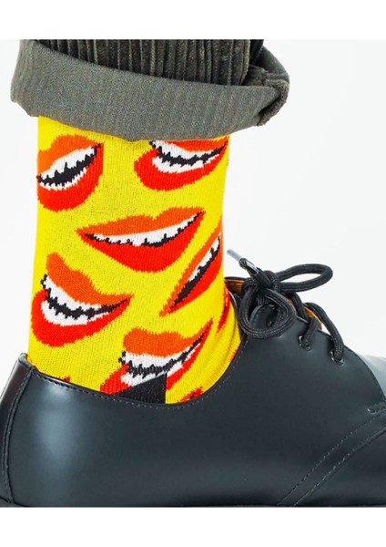 Happy Socks Ithal Özel Seri Unisex Yellow Lips Sock Happy Socks Renkli Soket Çorap Dikişsiz