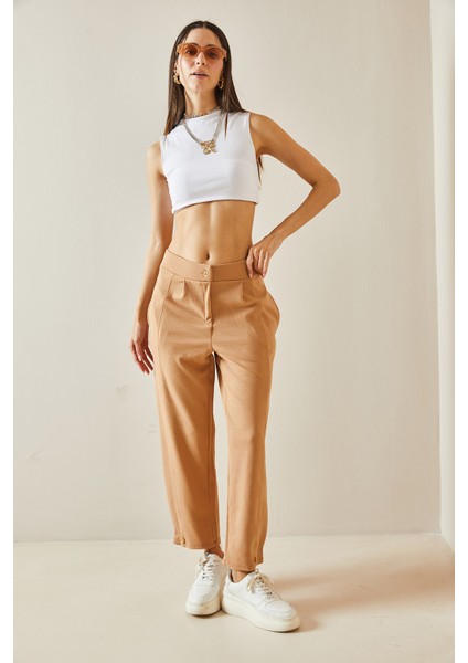 Taba Paçası Düğmeli Yüksek Bel Pantolon 5Yxk5-48603-30 modelleri