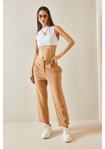 Taba Paçası Düğmeli Yüksek Bel Pantolon 5Yxk5-48603-30 fırsatları