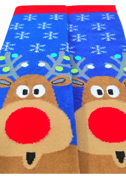 Özel Koleksiyon Unisex Yılbaşı Noel Merry Christmas Happy Blue Deer Soket Çorap