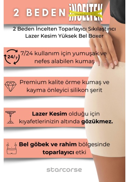 2 Beden Incelten Toparlayıcı Sıkılaştırıcı Lazer Kesim Yüksek Bel Boxer Korse