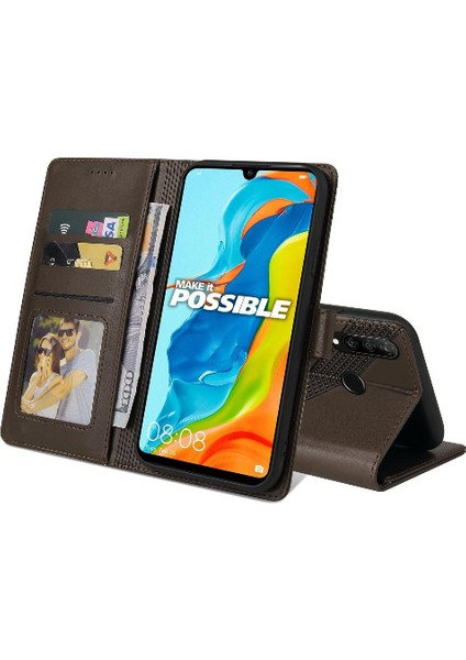 Huawei P30 Lite Premium Deri Kickstand 4 Köşe Üç Için Flip Case (Yurt Dışından)