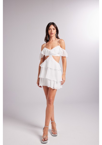 Mini Boy Dekolteli Açık Omuz Detaylı Ruby Elbise Beyaz