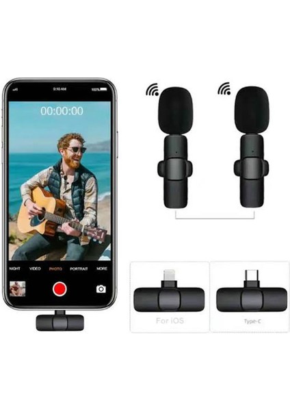 Iphone Uyumlu Ikili Kablosuz Yaka Mikrofonu Youtube Facebook Tiktok Vlog iphone Io