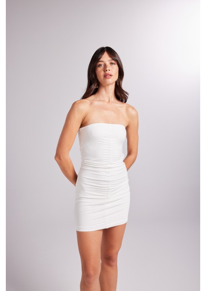 Drapeli Mini Straplez Dainty Elbise Beyaz