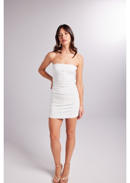 Drapeli Mini Straplez Dainty Elbise Beyaz