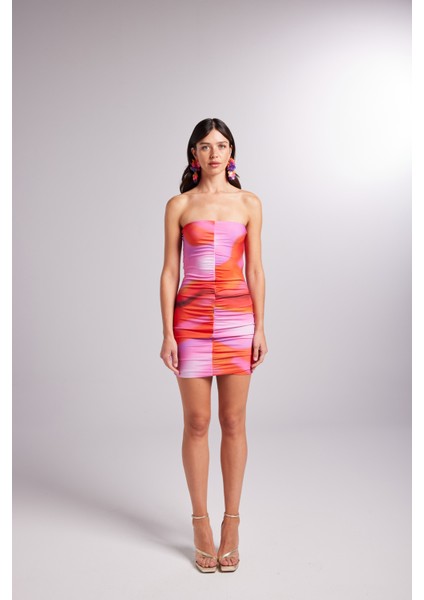 Drapeli Mini Straplez Dainty Elbise Turuncu