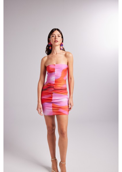 Drapeli Mini Straplez Dainty Elbise Turuncu indirimleri