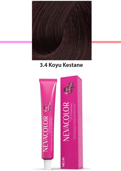 NEVA COLOR Premium 3.4 Koyu Kestane - Kalıcı Krem Saç Boyası 50 G Tüp