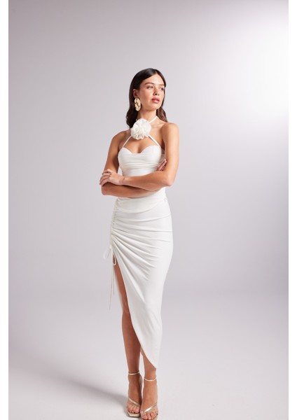 Ayarlanabilir Büzgülü Midi Poena Etek Beyaz