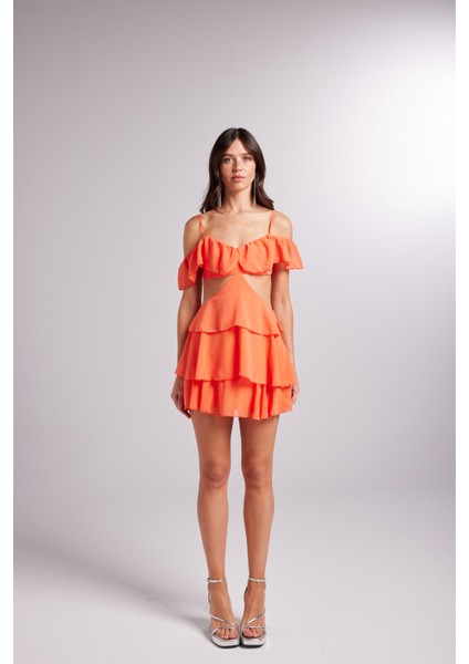 Dekolteli Açık Omuz Detaylı Mini Ruby Elbise Turuncu