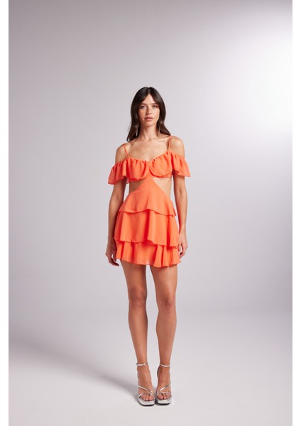 Dekolteli Açık Omuz Detaylı Mini Ruby Elbise Turuncu fiyatları