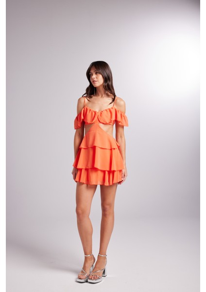 Dekolteli Açık Omuz Detaylı Mini Ruby Elbise Turuncu modelleri