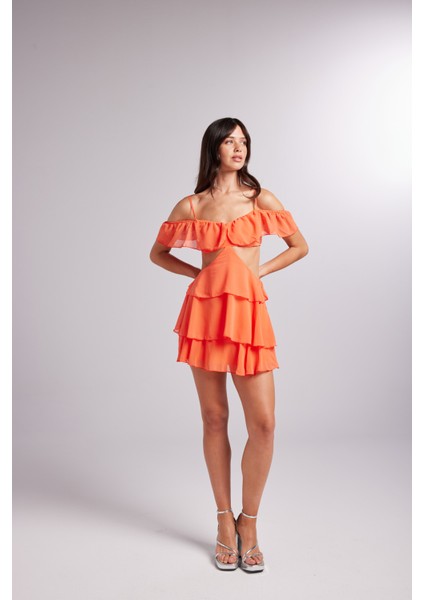 Dekolteli Açık Omuz Detaylı Mini Ruby Elbise Turuncu indirimleri