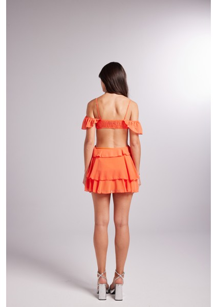 Dekolteli Açık Omuz Detaylı Mini Ruby Elbise Turuncu