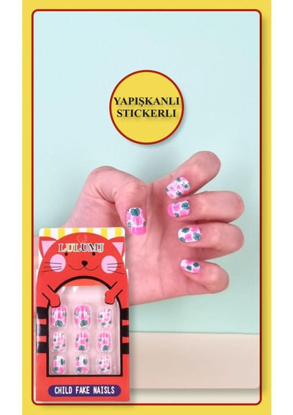 12 Li Yapışkan Stickerlı Renkli Baskılı Çocuk Takma Tırnak Oyuncak Seti - 5- 14 Yaş Arası - Model 43