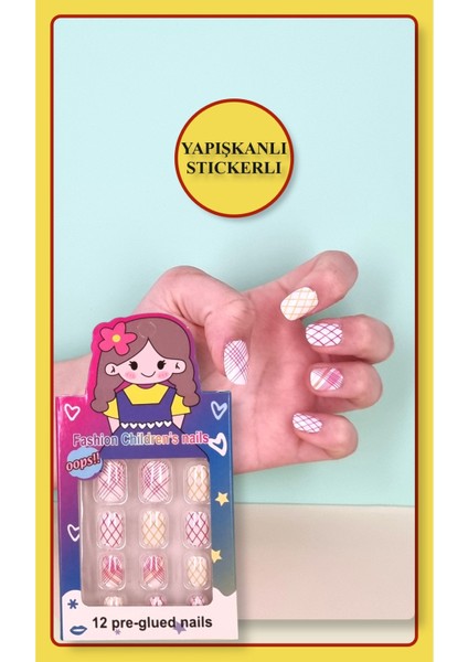12 Li Yapışkan Stickerlı Renkli Baskılı Çocuk Takma Tırnak Oyuncak Seti - 5- 14 Yaş Arası - Model 40