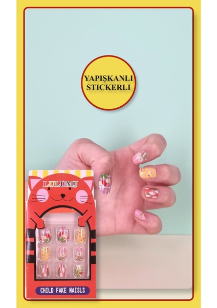 12 Li Yapışkan Stickerlı Renkli Baskılı Çocuk Takma Tırnak Oyuncak Seti - 5- 14 Yaş Arası - Model 39