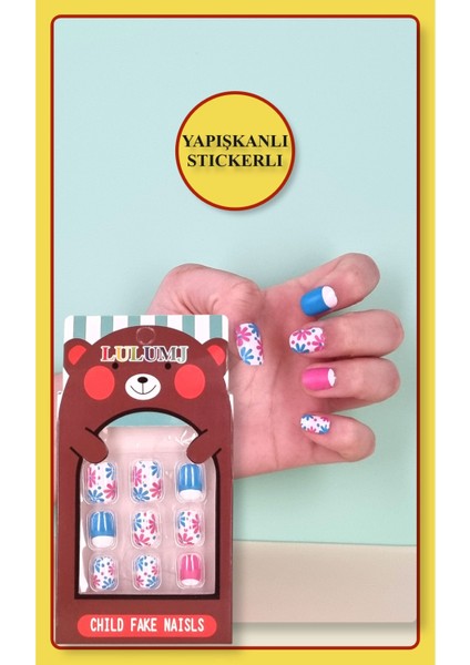 12 Li Yapışkan Stickerlı Renkli Baskılı Çocuk Takma Tırnak Oyuncak Seti - 5- 14 Yaş Arası - Model 45