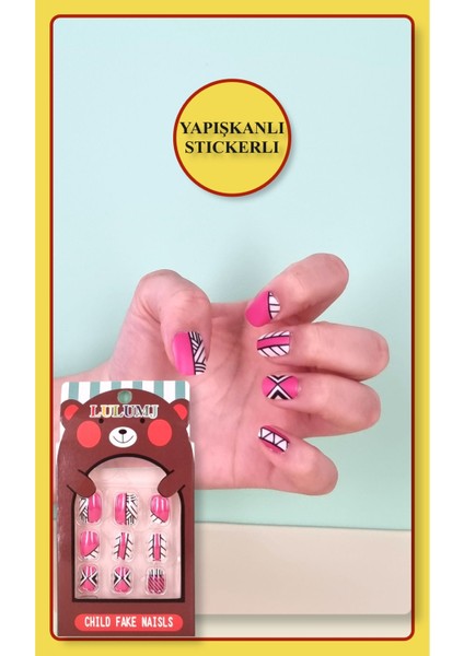 12 Li Yapışkan Stickerlı Renkli Baskılı Çocuk Takma Tırnak Oyuncak Seti - 5- 14 Yaş Arası - Model 42