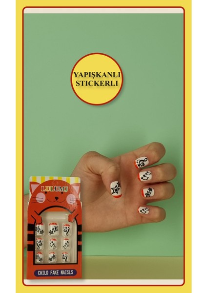 12 Li Yapışkan Stickerlı Renkli Baskılı Çocuk Takma Tırnak Oyuncak Seti - 5- 14 Yaş Arası - Model 24