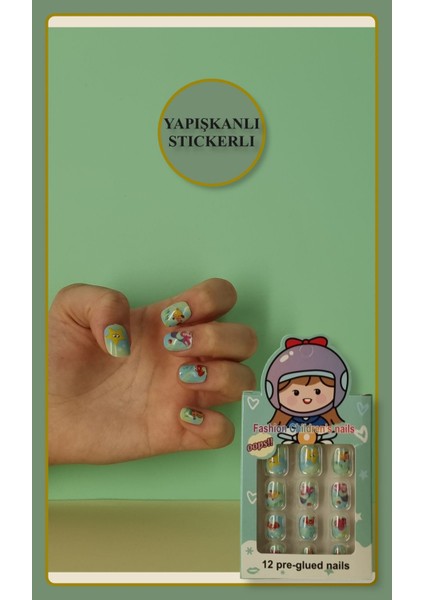 12 Li Yapışkan Stickerlı Renkli Baskılı Çocuk Takma Tırnak Oyuncak Seti - 5- 14 Yaş Arası - Model 20
