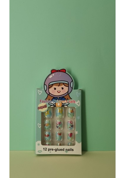 12 Li Yapışkan Stickerlı Renkli Baskılı Çocuk Takma Tırnak Oyuncak Seti - 5- 14 Yaş Arası - Model 20