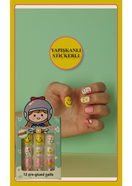 12 Li Yapışkan Stickerlı Renkli Baskılı Çocuk Takma Tırnak Oyuncak Seti - 5- 14 Yaş Arası - Model 21