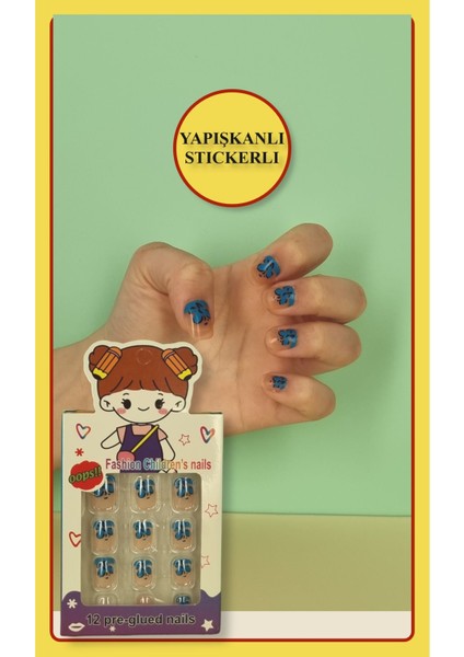 12 Li Yapışkan Stickerlı Renkli Baskılı Çocuk Takma Tırnak Oyuncak Seti - 5- 14 Yaş Arası - Model 33