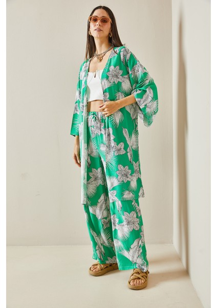 Yeşil Çiçek Desenli Kimono Takım 5YXK8-48600-08