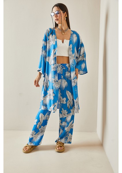 Mavi Çiçek Desenli Kimono Takım 5YXK8-48600-12 modelleri