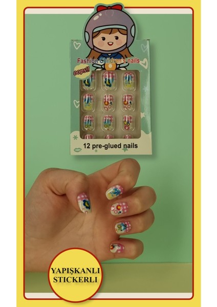 12 Li Yapışkan Stickerlı Renkli Baskılı Çocuk Takma Tırnak Oyuncak Seti - 5- 14 Yaş Arası - Model 28