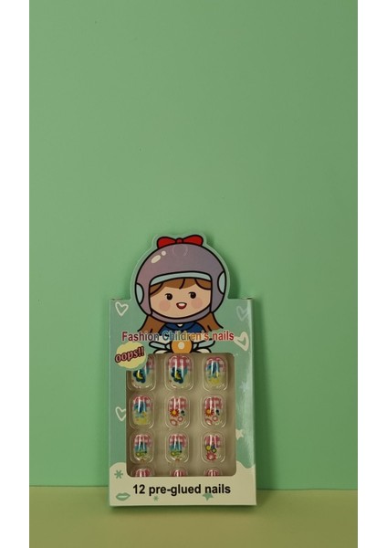 12 Li Yapışkan Stickerlı Renkli Baskılı Çocuk Takma Tırnak Oyuncak Seti - 5- 14 Yaş Arası - Model 28