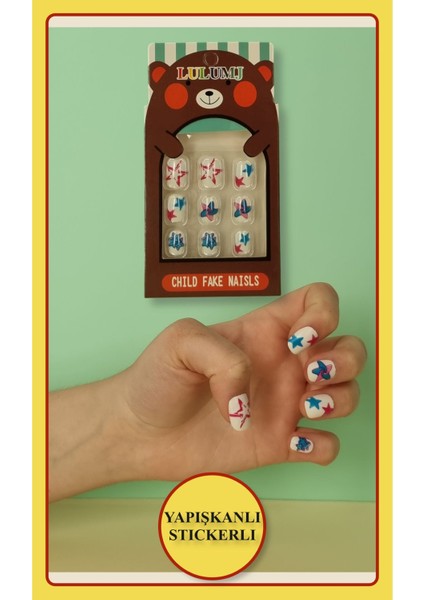 12 Li Yapışkan Stickerlı Renkli Baskılı Çocuk Takma Tırnak Oyuncak Seti - 5- 14 Yaş Arası - Model 27