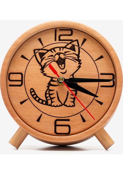 El Yapımı Yuvarlak Ahşap Masaüstü Saat Sevimli Kedi Detaylı Minimalist Tasarım modelleri